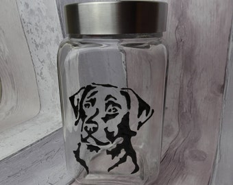 Labrador hand painted dog treat jar, Dog gift, Dog biscuit jar, Stainless steel screw top glass jar, Pet snack container, Kitchen canister