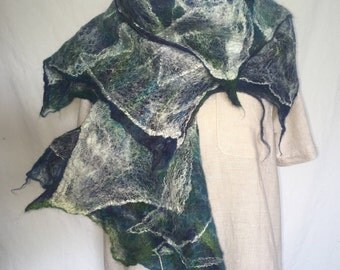 Nuno felted scarf, with silk and merino wool, green/blue/lime/turqoise/white