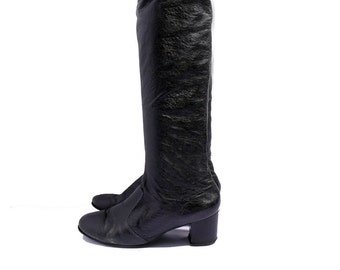 Size7.5 8 // 60s Mod Go Go Boots// Black High Leather Boots// Medium Heel Tall Black Boots// 156