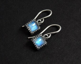Square Moonstone Earrings: Sterling silver, rainbow moonstone with blue flash, 6mm crown bezel dangles, french hook earwire, June birthstone
