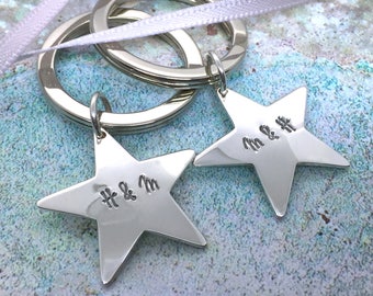 Couple's personalised Sterling Silver Star Keyring Set Valantine's  anniversary  handmade  new home  gift for couple  wedding