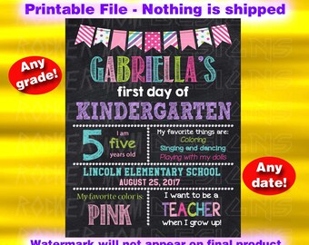 Chalkboard Sign, First Day Of School, Back To School Sign, Pre-K Sign, Kindergarten Sign, Printable Sign, Preschool, Girl, Chalkboard Sign