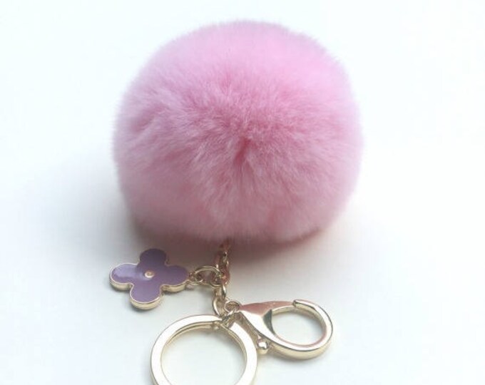Light Pink fur pom pom keychain REX Rabbit fur pom pom ball with flower bag charm