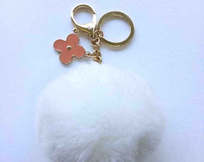 Snow White fur pom pom keychain REX Rabbit fur pom pom ball with flower bag charm