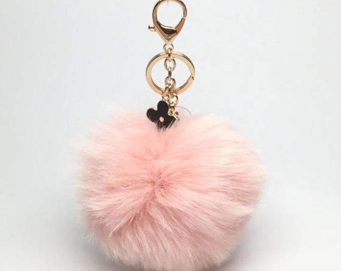 Pale Pink Pompon bag charm pendant fox Fur Pom Pom keychain with flower charm