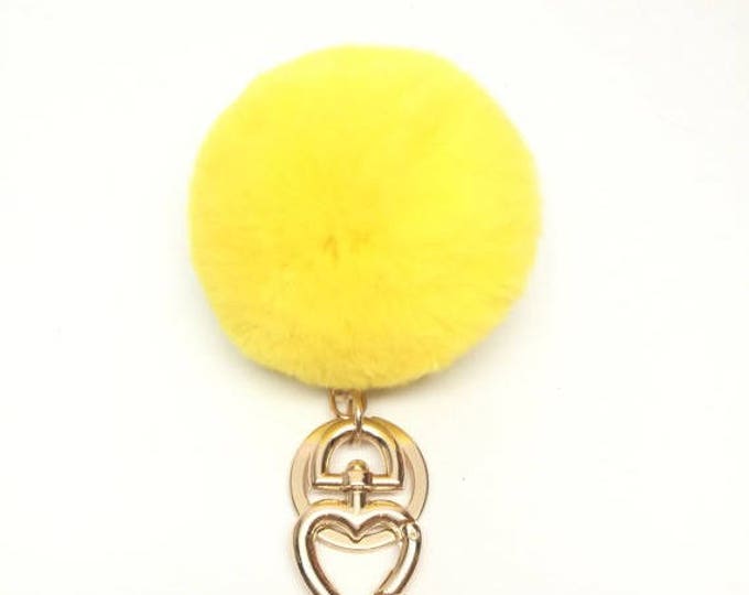 Heart Fur Pompom Keychain Rabbit Fur Ball Bag Charm Yellow