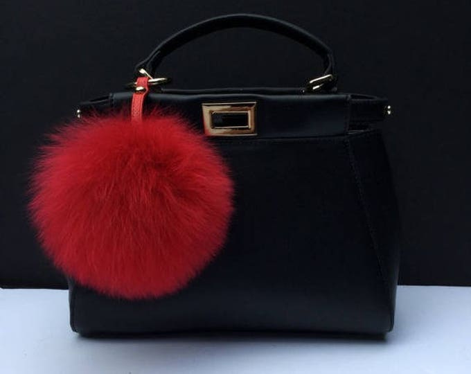 Fur bag charm, fur pom pom keychain, fur ballkeyring purse pendant in red