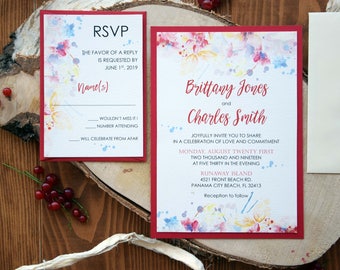 Marsala Watercolor Wedding Invitation, Colorful Wedding Invitation, Rustic Fall Wedding Invitation, Burgundy Wedding Invitation - SAMPLE