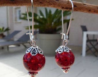 Earrings silver with red Crackle glass beads