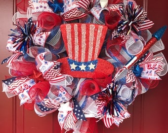 4th of July wreath, Patriotic wreath, red white and blue wreath, Uncle Sam wreath, Stars and Stripes, Deco mesh wreath, flag wreath