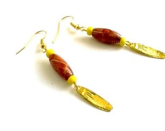 Golden leaf earrings, wood and yellow beads