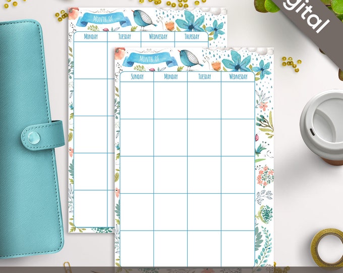 A5 Monthly Planner Printable, Undated Monthly, Calendar, Filofax A5 printable refills, Arinne Blue Bird DIY Planner PDF Instant Download