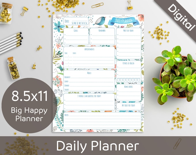 8.5x11 Daily Planner Printable, Printable Daily Schedule, Big Happy Planner, US Letter size, Arinne Blue Bird, DIY PDF Instant Download