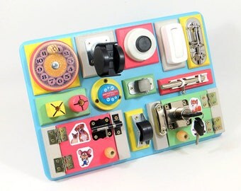 Travel busy board Sensory activity wood toy Baby busy board toddler Fine motor board Special needs Board with locks Fidget board Wood Red