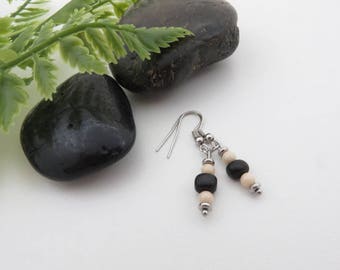 Black Horn, ivory fossil stone, stainless steel spacers, black and ivory earrings stainless steel, stainless steel earrings