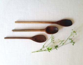 Three Vintage Wooden Spoons . Wood Spoons . Baking Cooking . Kitchen Utensils . Farmhouse Kitchen Decor . Shabby Cottage . Rustic Cabin .