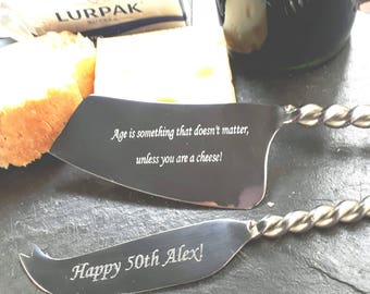 Cheese Knife Gift Set - 2 Stainless Steel Knives with Twisted Handles - Can be Personalised