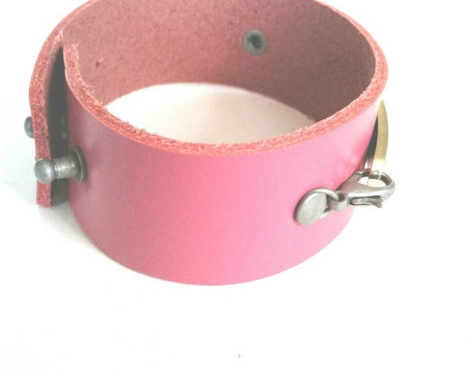 Pink Leather Cuff Bracelet, Gold Designed Sign,Statement Piece, Gift for Women, Gift for Girls