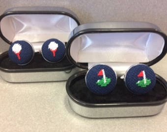 Golf Cufflinks, Golf Club, Needlepoint Golf Ball on Tee, Fathers Day Gift, Golfer Gift
