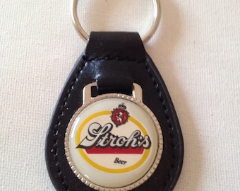 Strohs Keychain Black Leather Beer Key Chain