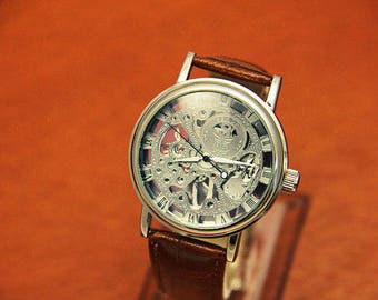 Brown Leather Steampunk Skeleton Watch for Men Dressy Sports Watch Steel With Swiss Mechanism Skeletal Steam Punk Inspired