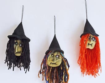 Weird Sisters - Set of 3 Wicked Witches - Handmade Halloween Decorations, Hanging Ornaments