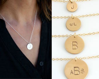 Gold Disc Necklace, Monogram Necklace Gold, Hand Stamped Initial Necklace, Sterling Silver 14K Gold Fill, Gift for Her,LEILAjewelryshop,N250