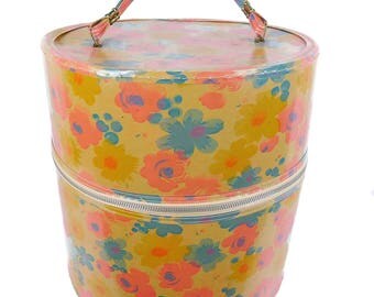 Mid Century Wig Case 60's/70's Mod Flowers Hat Box w/ Head Form Travel