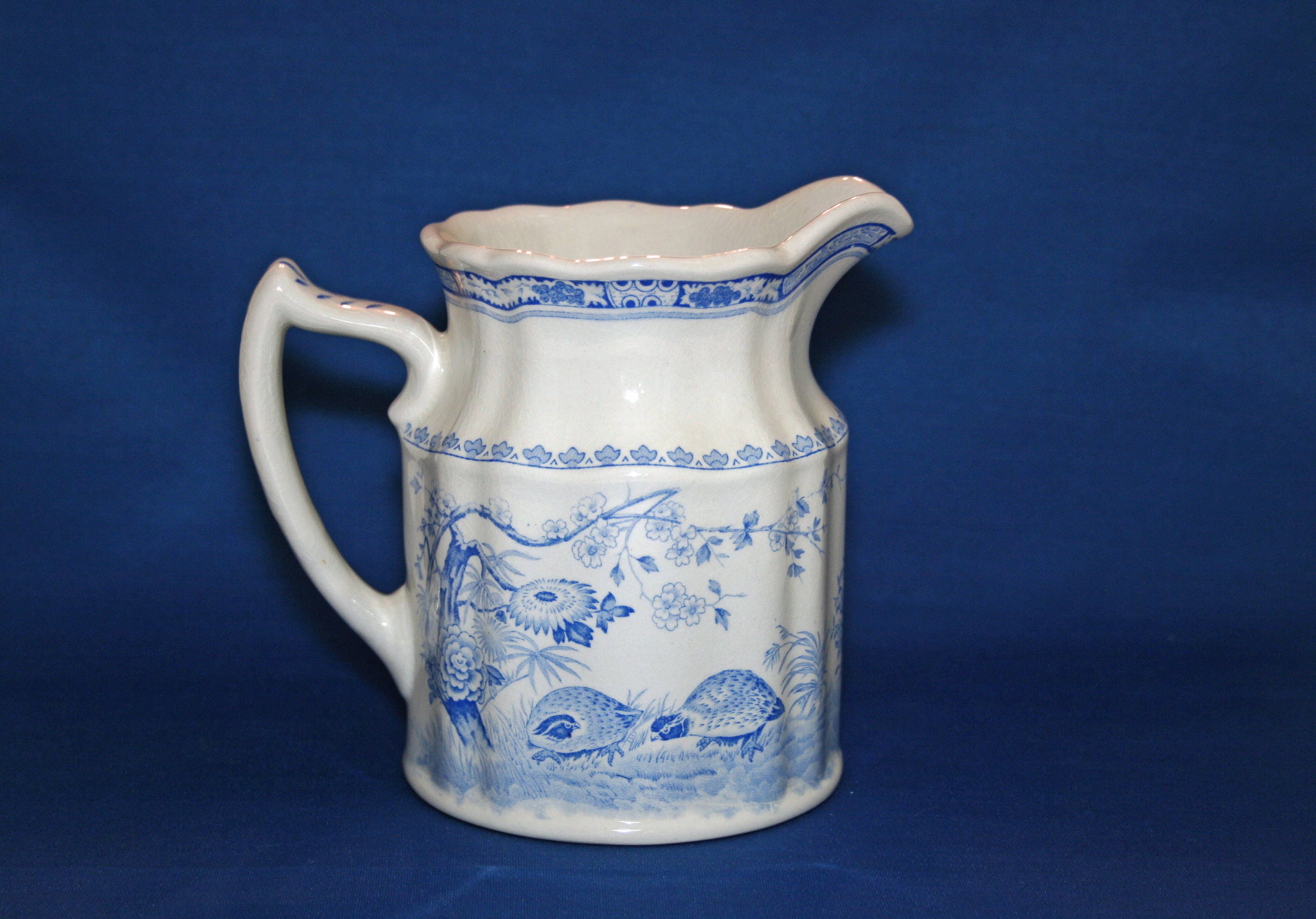 Antique Furnivals Blue and White Transferware 2 cup Quail Pitcher Made