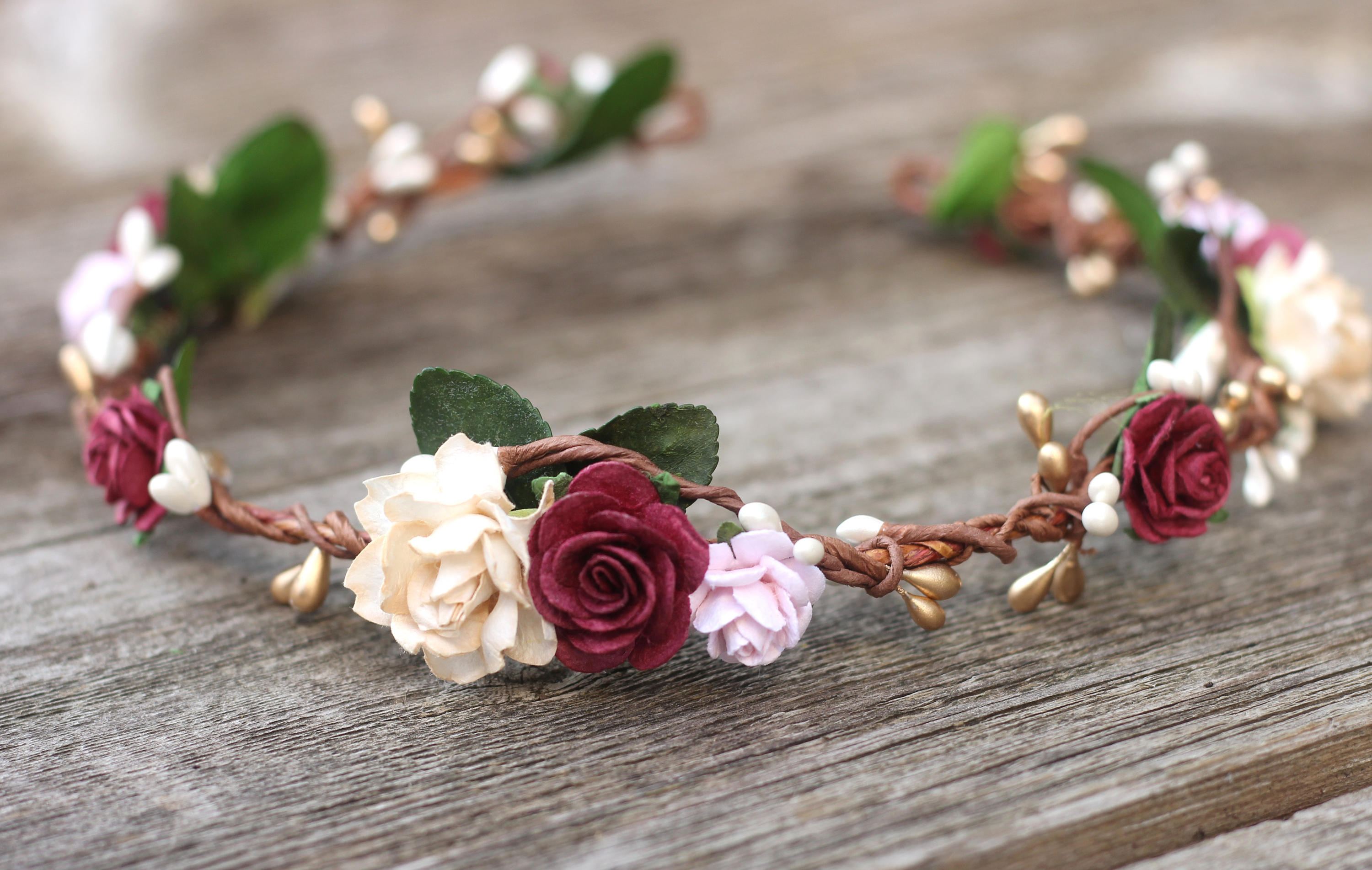 Fall Flower Crown Wine Champagne Wedding Head Wreath Blush