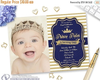 50% OFF SALE Blue and Gold Birthday Invitation, Our Little Prince, Gold Glitter Stripes, Boy 1st Birthday, Printable Digital, Photo Birthday