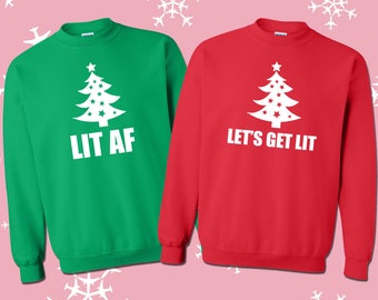 LIT Ugly Christmas Sweater Crewneck Red Fleece Sweatshirt with