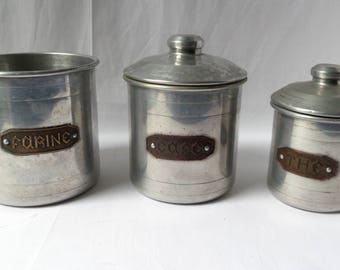 Set of three boxes 1950's aluminum spice / coffee tea flour / French old kitchen decor / vintage storage jar pot