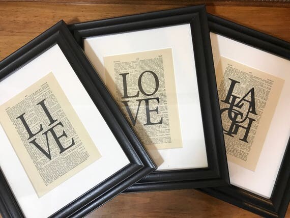 Set of 3 Framed Live Laugh Love Dictionary Prints // Framed Dictionary Pages // Framed Inspirational Words // Framed Life Quotes