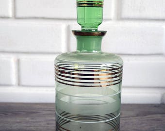 Vintage Mouthwash Dispenser, Vintage Liquor Bottle, Mid Century Liquor Decanter, Midcentury Mouthwash Decanter, Vintage Green Glass Decanter