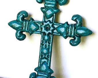 ON SALE Turquoise Fleur de Lis Cross - Godmother Gift - Unique Wall Crosses - Christening Gift - Gallery Wall Decor - Cast Iron Cross - Bapt