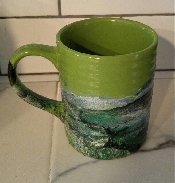 Hand Painted Mug/Green Ceramic Coffee Mug/Green Latte