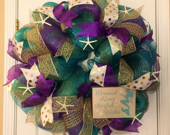 Mermaid Wreath, Turquoise and Purple Wreath, Mermaid Party Decor, Ariel Wreath, Starfish Wreath, Mermaid Door Hanger