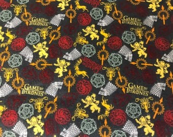 Game of Thrones sigils grey flannel fabric, TV show fabric, fantasy, Hollywood,