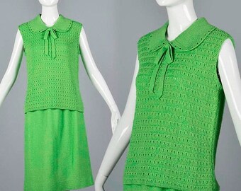 SALE Medium Knit Skirt Set Vintage 1960s 60s Green Skirt Matching Top Sweater Cotton Knit Two Piece Separates Summer