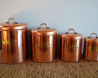 Vintage Copper Canister Set, Kitchen Canister Set, Bristol Ware Set of 4 Flour, Sugar, Coffee, Tea Canisters made in the USA