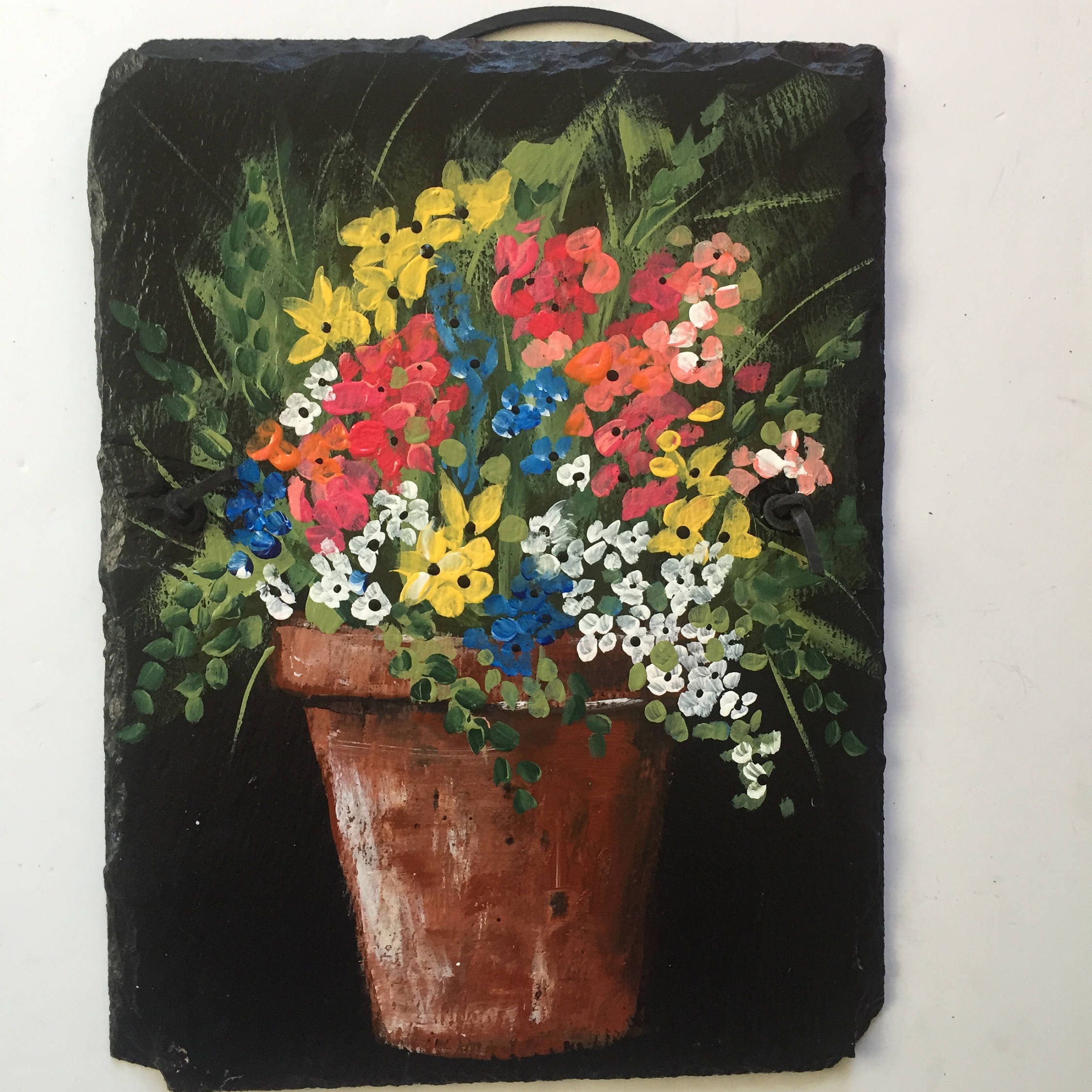 spring flower pot slate painting, 9 x 12 painted slate, yard art spring flower pot slate painting, 9 x 12 painted slate, yard art