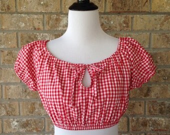 Handmade Peasant Red White Tiny Gingham Checkered Key Hole Front Tie Western Rockabilly Retro Crop Top XS Small XXS Cap Sleeve