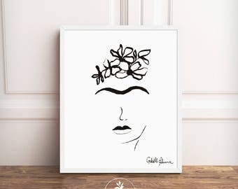 Frida Kahlo, digital download, black and white minimalist, wall decor, printable art, Frida Drawing by Faboomie