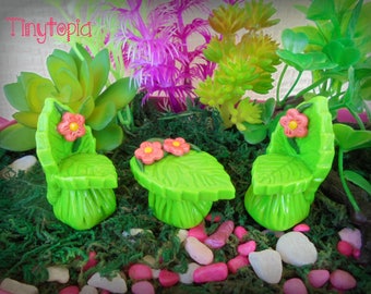 Miniature Leaf Table & Chairs Setting Fairy Garden Terrarium Accessory