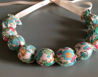 Handmade Fabric Bead necklace - liberty fabric - blue green floral - jewellery