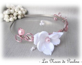 Bridal white and pink 'Les Volutes' flower headband