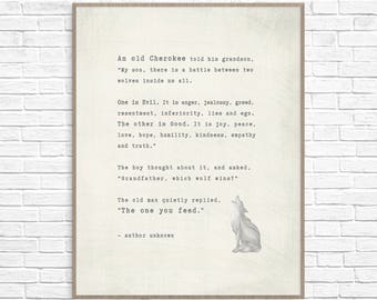The One You Feed Art Print, Cherokee Legend, Battle Between Two Wolves, Good vs Evil Wolf Story, Native American Poem
