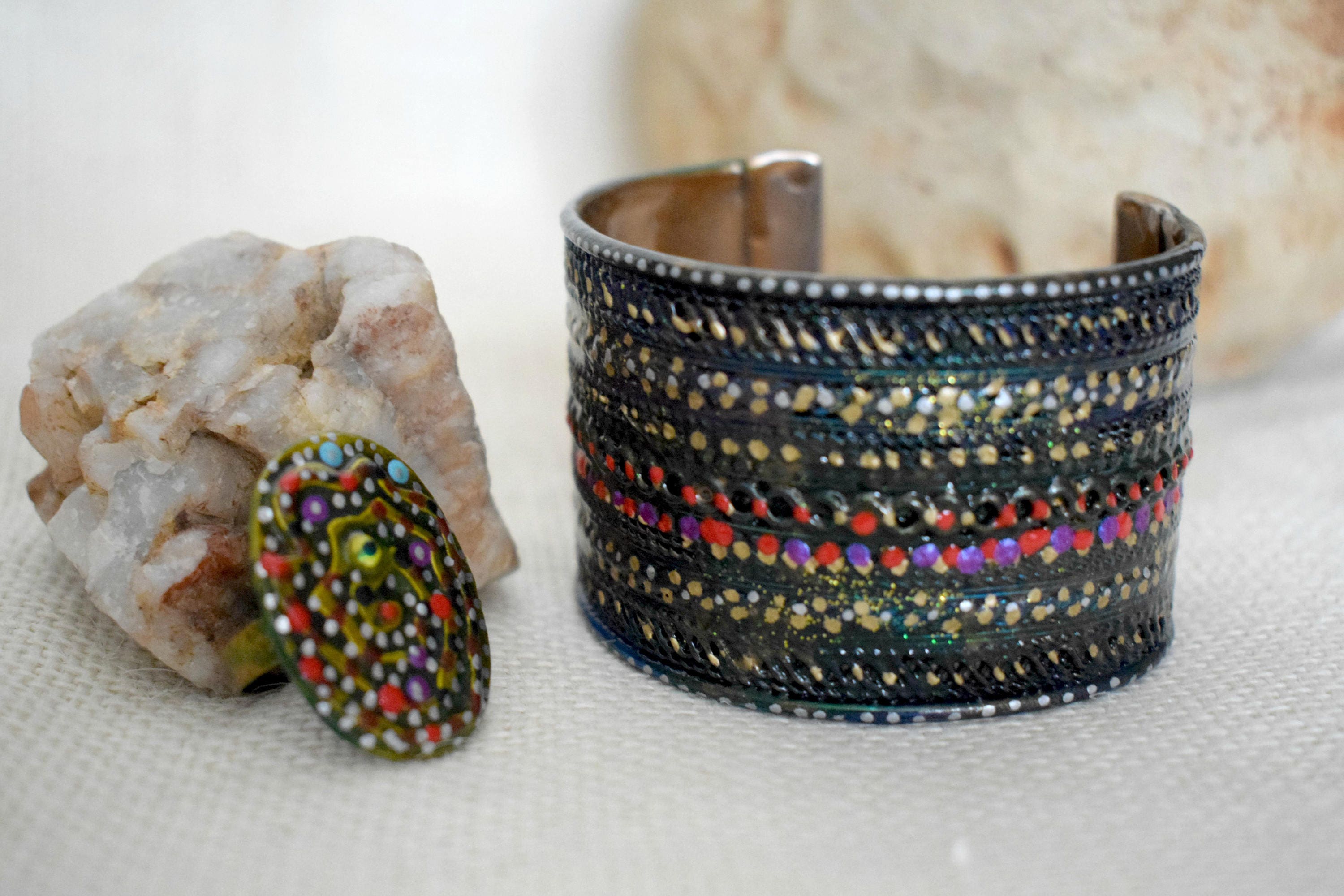 Handmade Ring & Cuff Bracelet Set Handpainted Unique