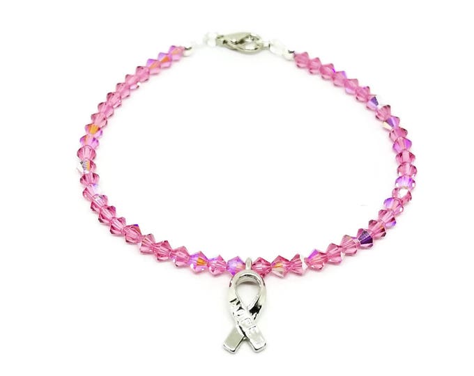 Pink Ribbon Bracelet, Breast Cancer Awareness Bracelet, Pink Ribbon Jewelry, Breast Cancer Jewelry, Hope Awareness, Swarovski Crystal